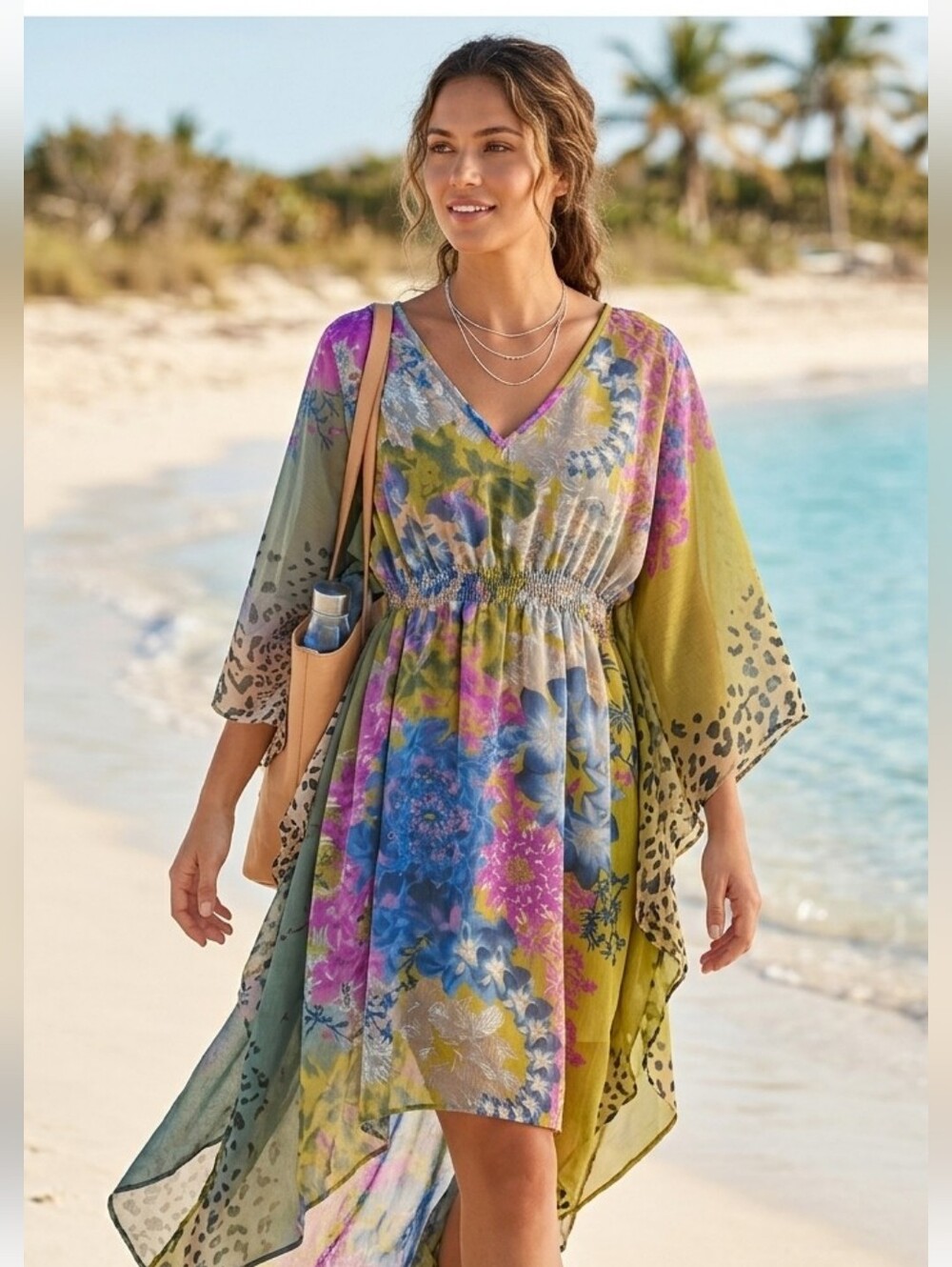 🚨 CLEARANCE 🚨$15.00🚨 Floral & Leopard Print V-Neck Boho Caftan/ Cover Up🚨